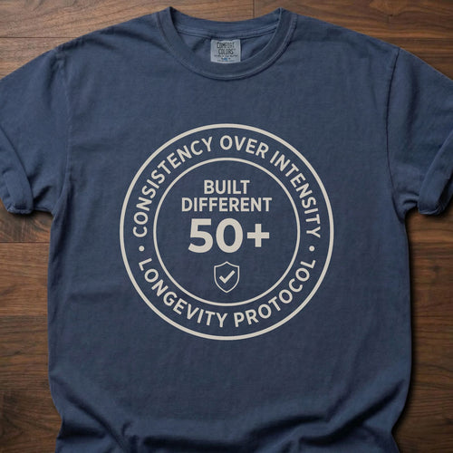 Built Different strength training t shirt with 50+ longevity protocol badge design – Navy