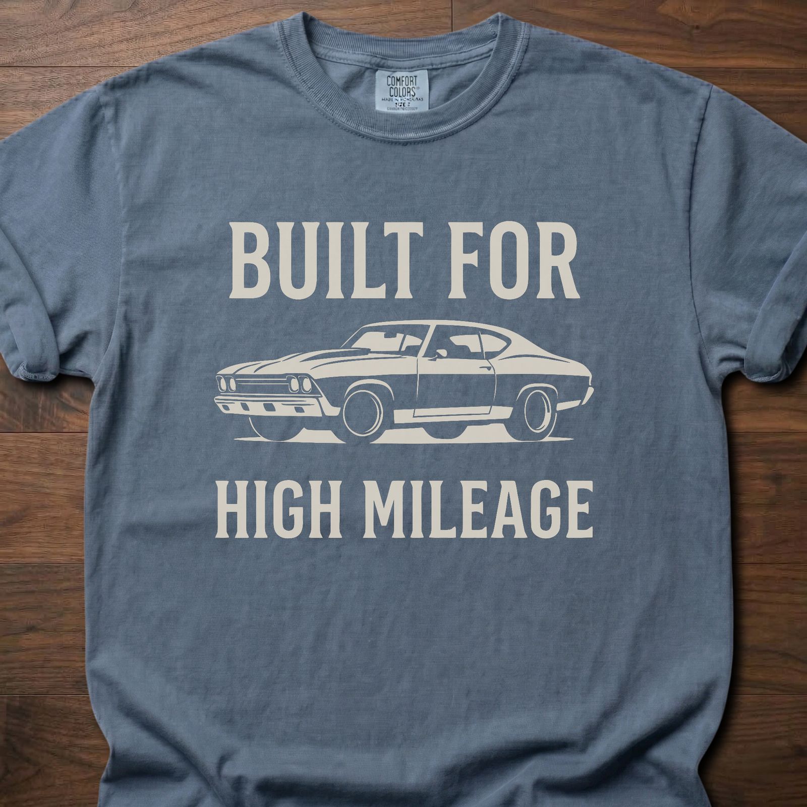 Built For High Mileage strength training clothing featuring classic muscle car graphic – Blue Jean