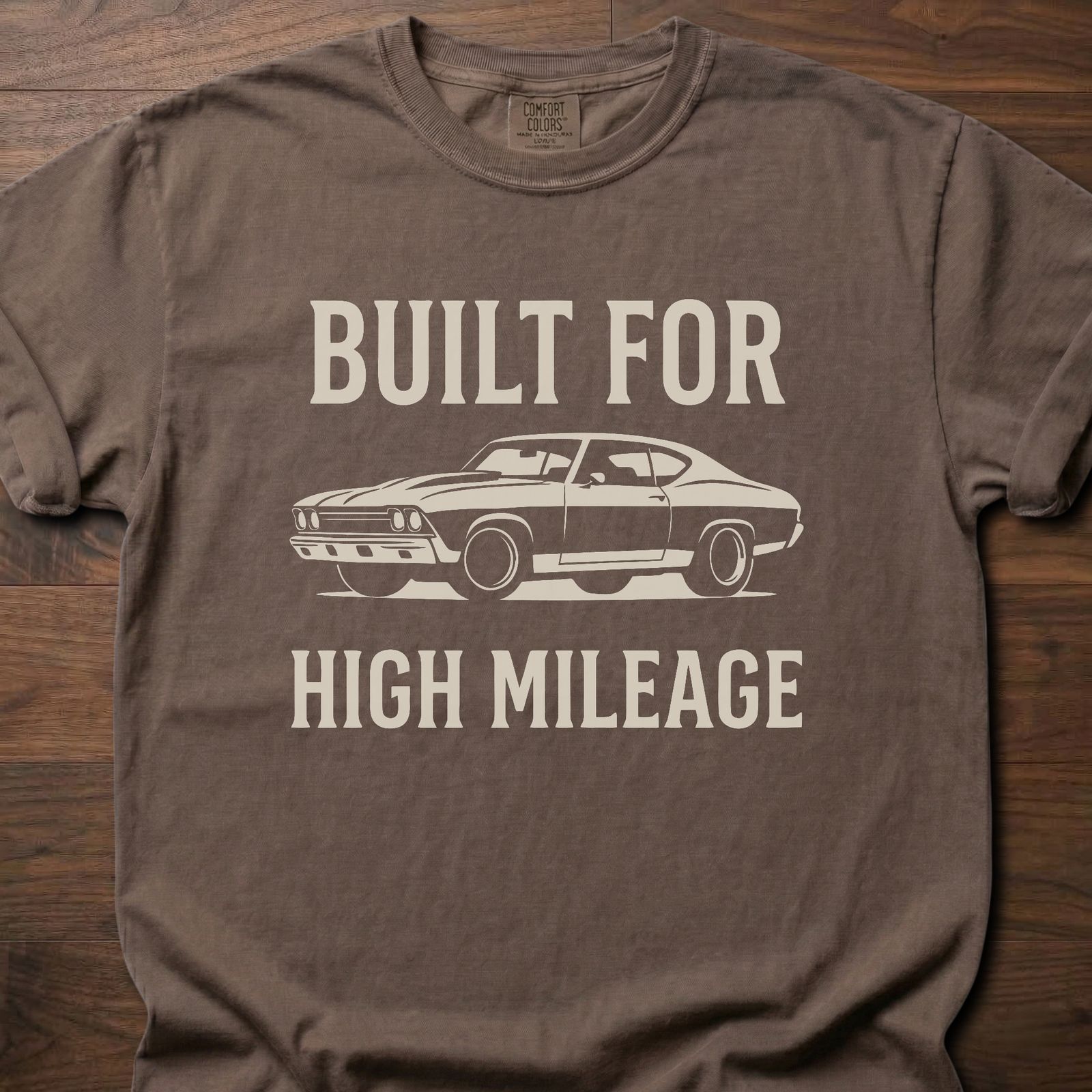 Built For High Mileage strength training clothing featuring classic muscle car graphic – Espresso