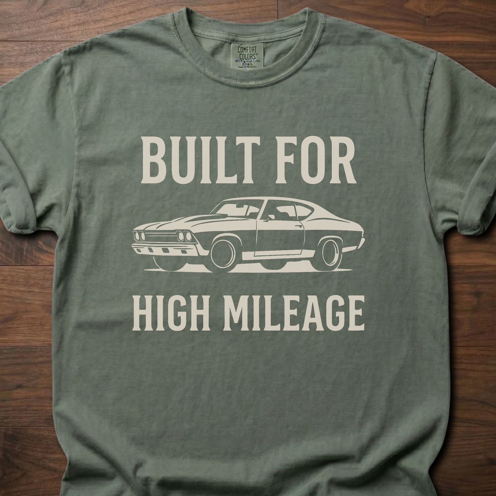 Built For High Mileage strength training clothing featuring classic muscle car graphic – Moss