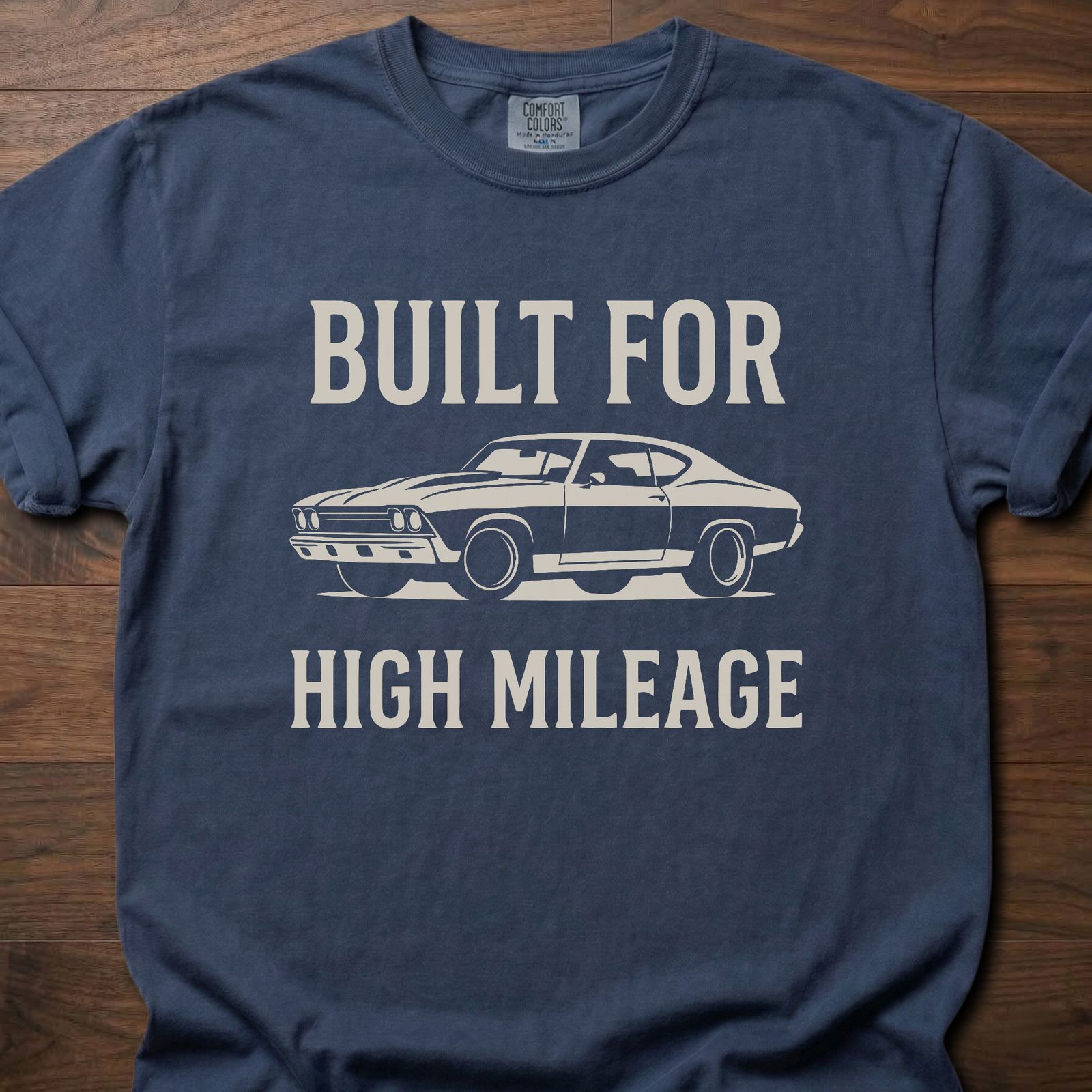 Built For High Mileage strength training clothing featuring classic muscle car graphic – Navy
