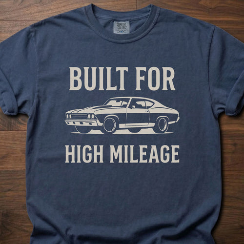 Built For High Mileage strength training clothing featuring classic muscle car graphic – Navy