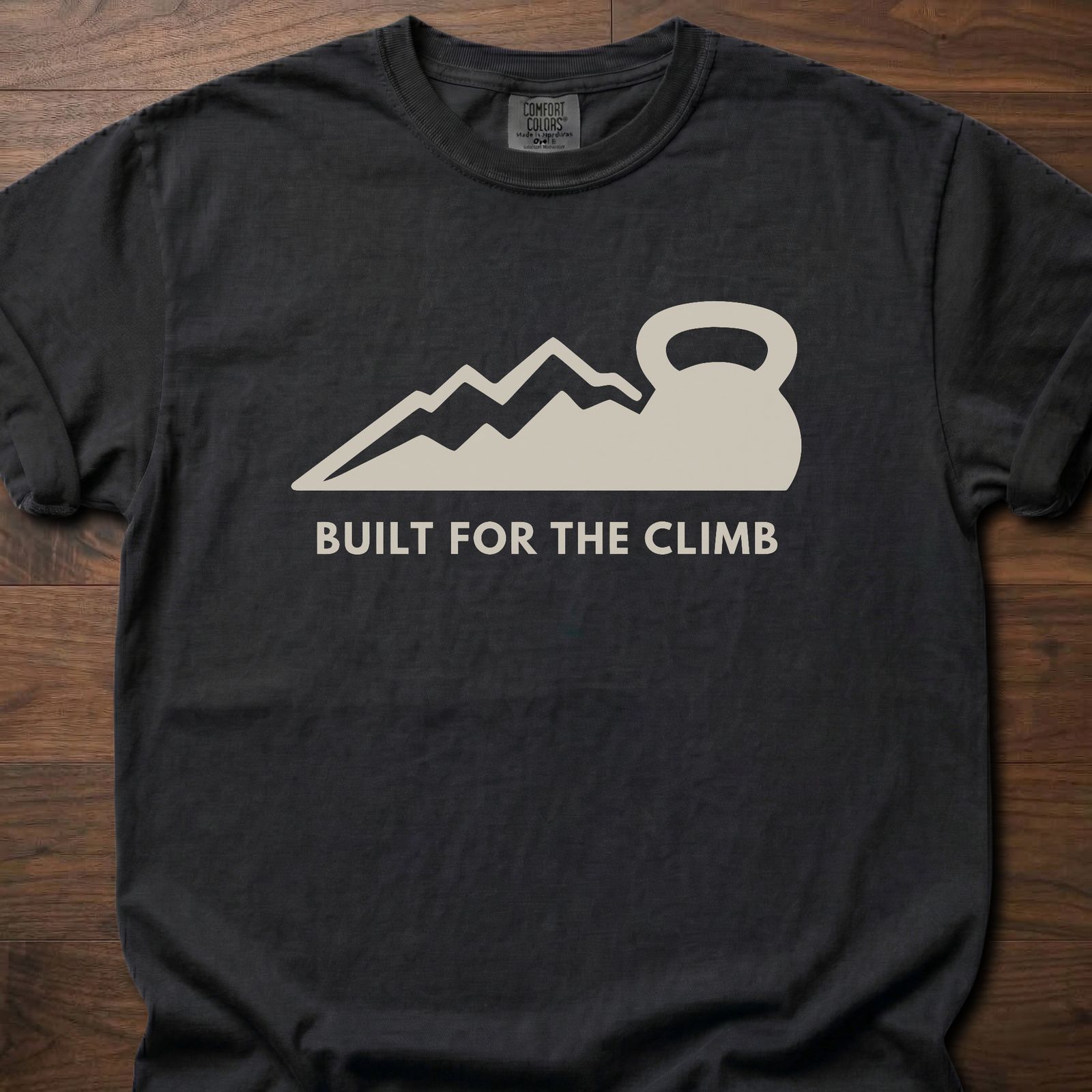 Built For The Climb strength training t-shirt with mountain and kettlebell design – Black