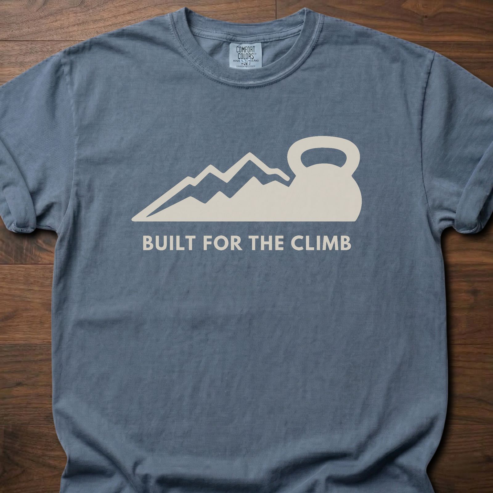 Built For The Climb strength training t-shirt with mountain and kettlebell design – Blue Jean