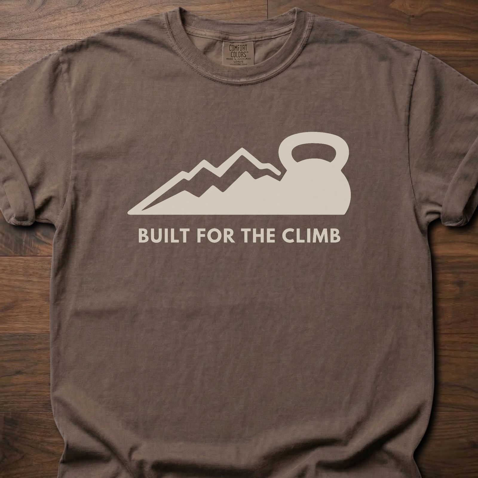 Built For The Climb strength training t-shirt with mountain and kettlebell design – Espresso