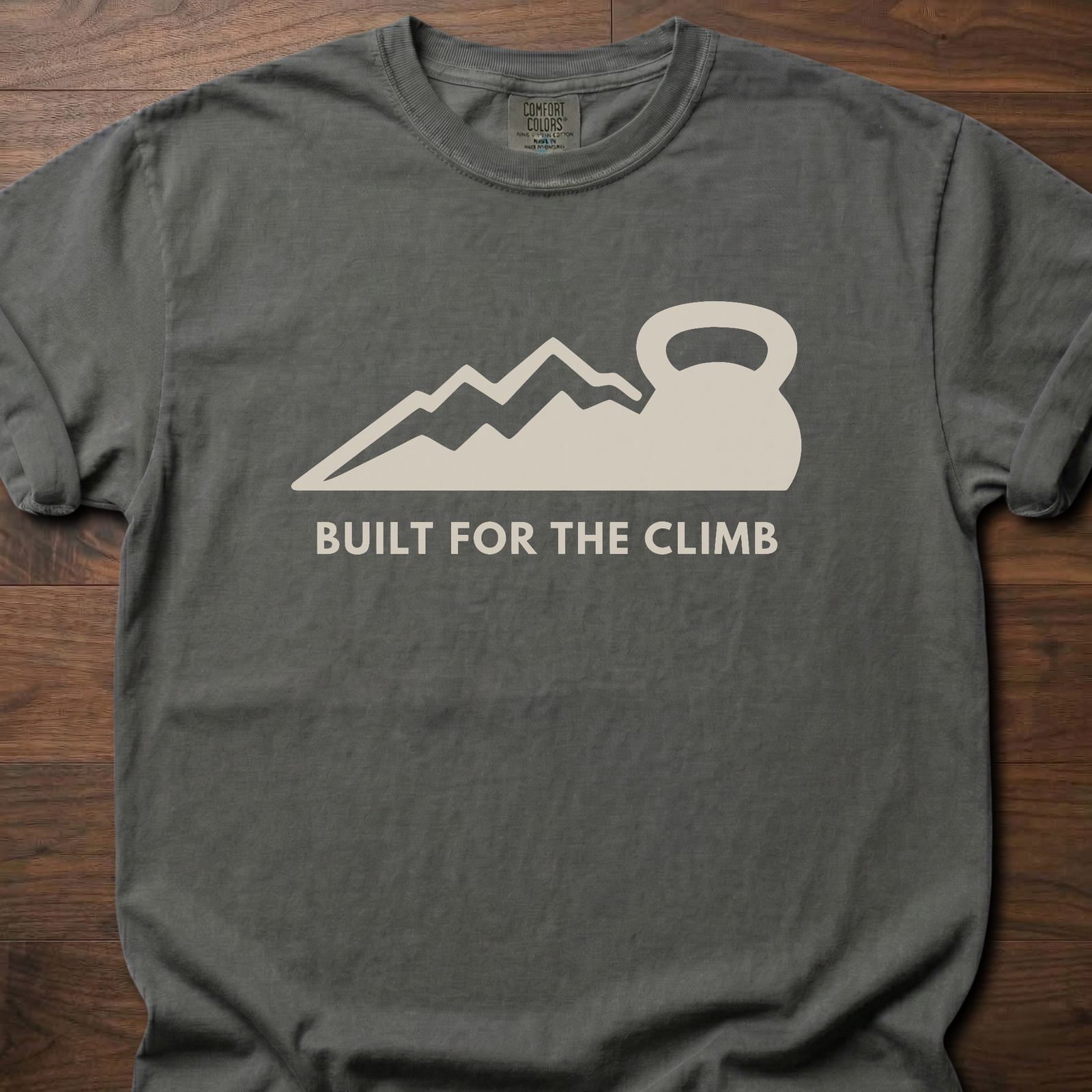 Built For The Climb strength training t-shirt with mountain and kettlebell design – Pepper