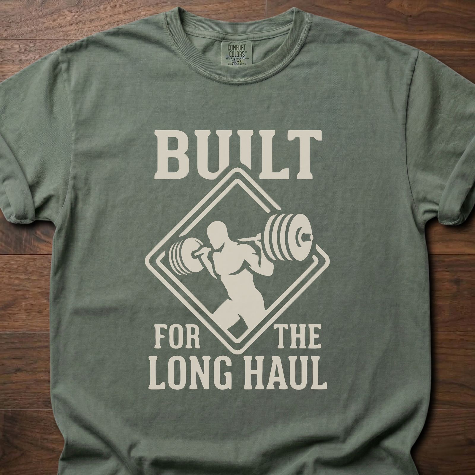 Built For The Long Haul strength training lifestyle clothing with barbell lifter diamond logo – Moss