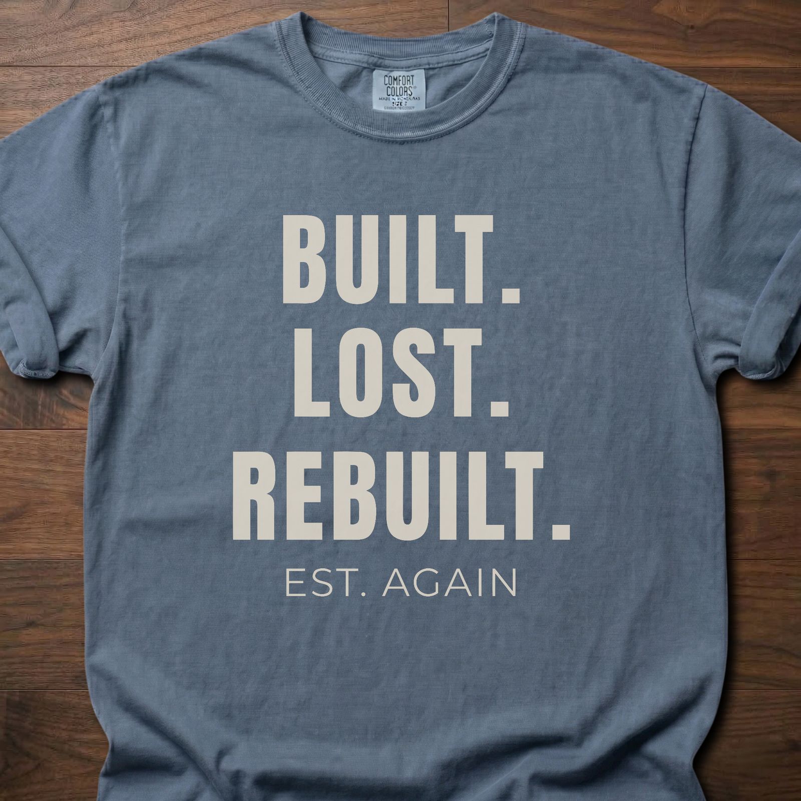 Built Lost Rebuilt strength training lifestyle clothing with resilience message EST. AGAIN tagline – Blue Jean