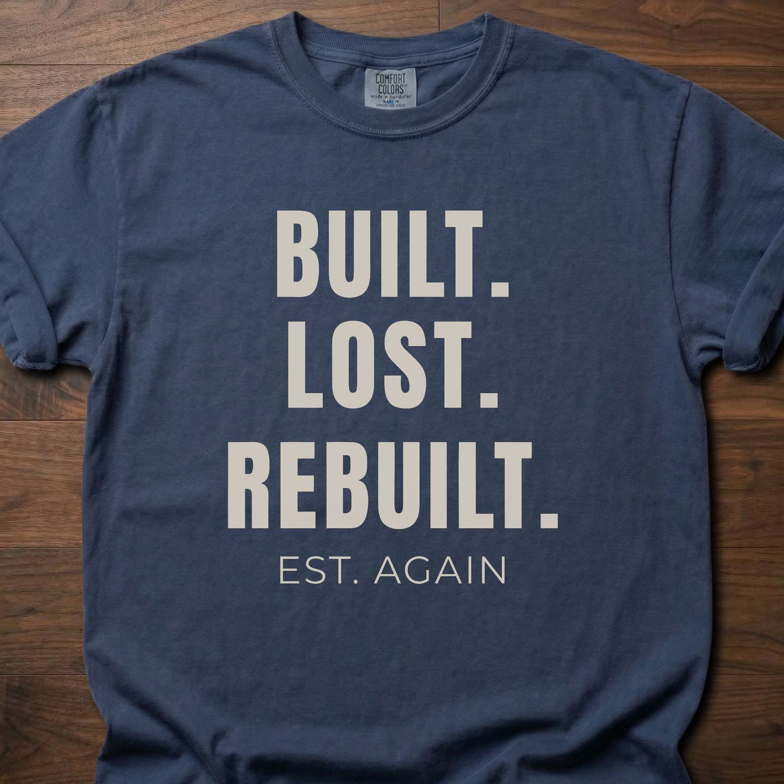 Built Lost Rebuilt strength training lifestyle clothing with resilience message EST. AGAIN tagline – Navy