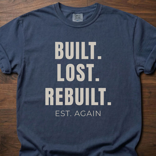 Built Lost Rebuilt strength training lifestyle clothing with resilience message EST. AGAIN tagline – Navy