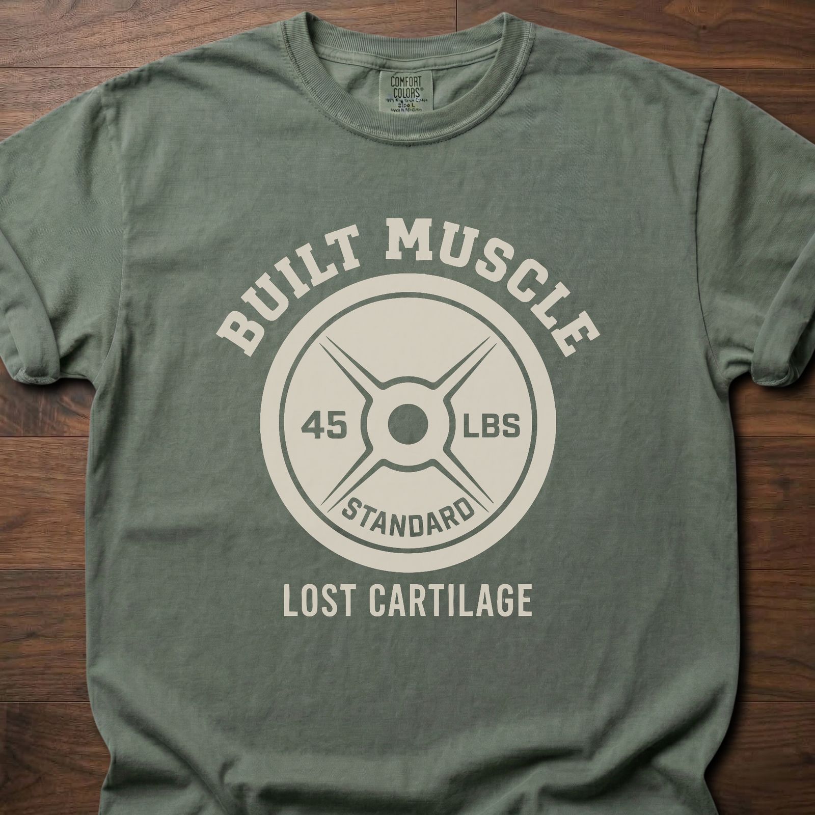 Built Muscle Lost Cartilage fitness lifestyle t shirts featuring weight plate design with 45 LBS text – Moss
