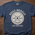 Built Muscle Lost Cartilage fitness lifestyle t shirts featuring weight plate design with 45 LBS text – Navy