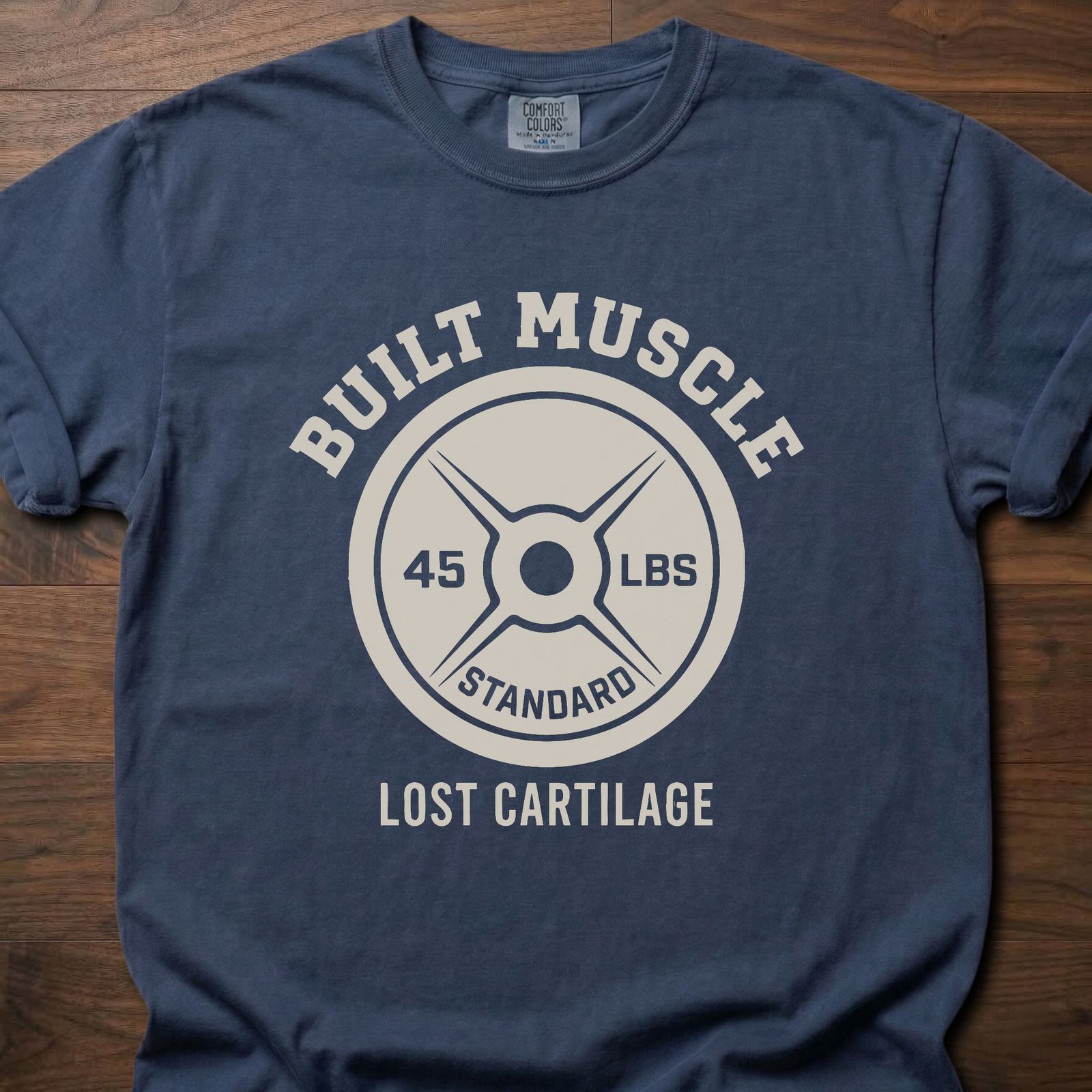 Built Muscle Lost Cartilage fitness lifestyle t shirts featuring weight plate design with 45 LBS text – Navy