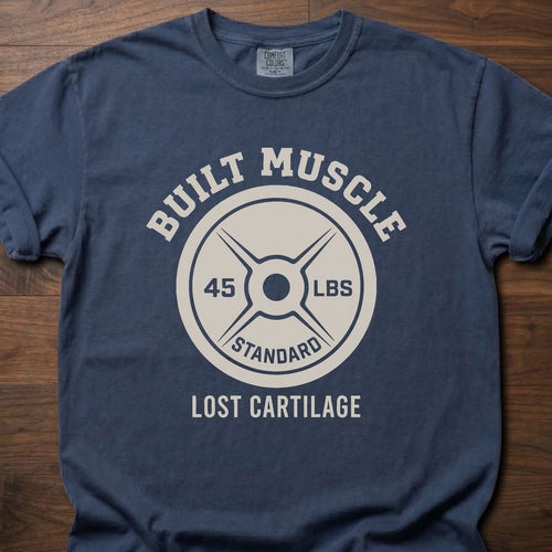 Built Muscle Lost Cartilage fitness lifestyle t shirts featuring weight plate design with 45 LBS text – Navy