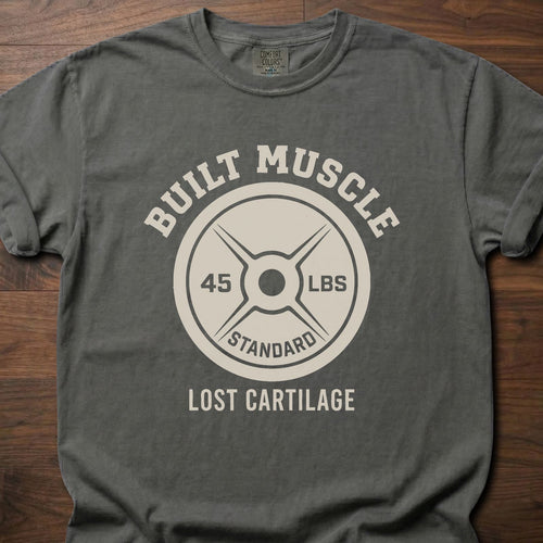Built Muscle Lost Cartilage fitness lifestyle t shirts featuring weight plate design with 45 LBS text – Pepper