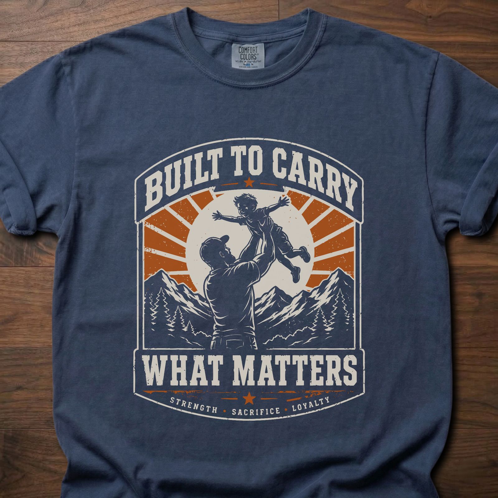 Built To Carry strength training lifestyle clothing featuring parent lifting child with mountain backdrop – Navy