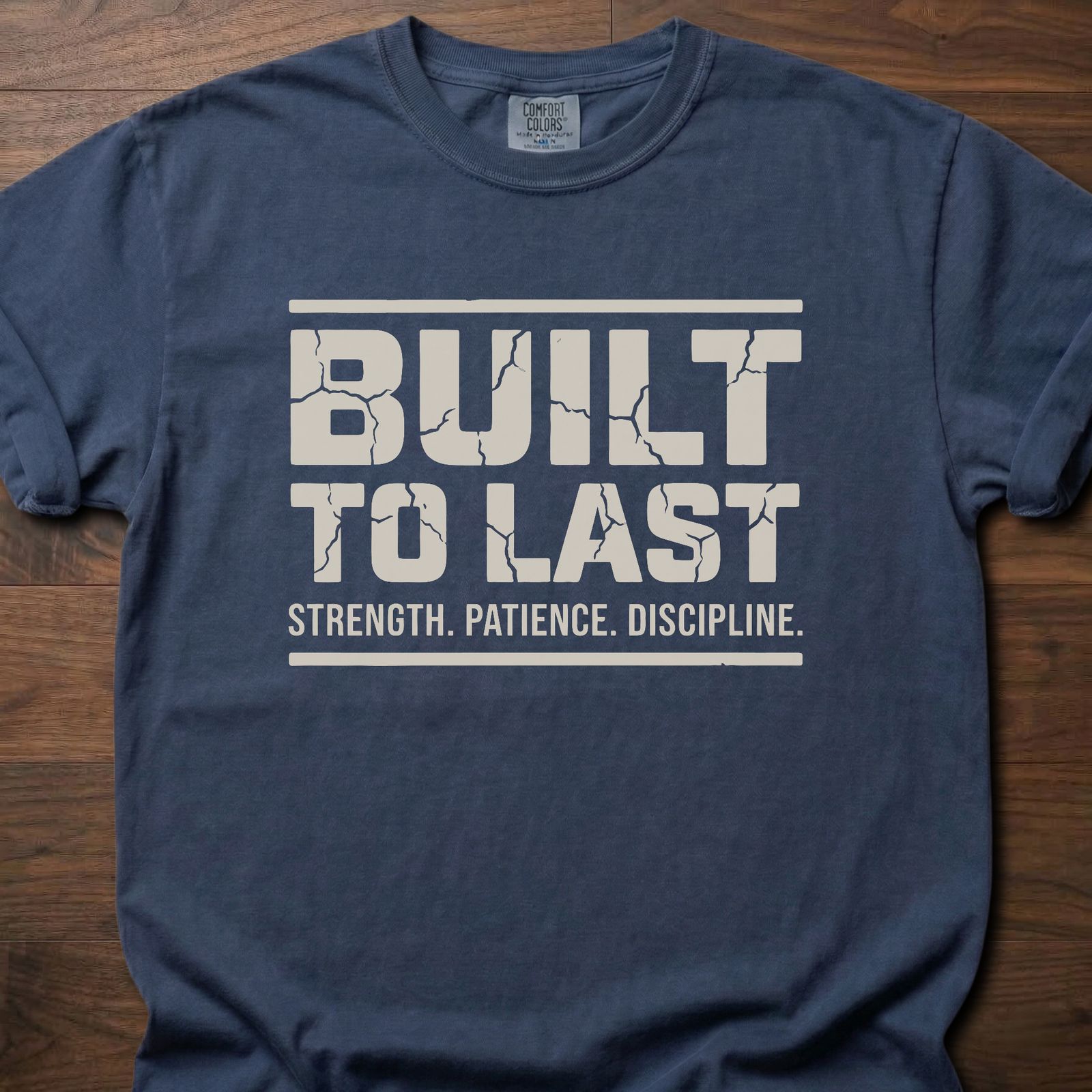 Built To Last strength training lifestyle clothing with bold text and motivational message – Navy
