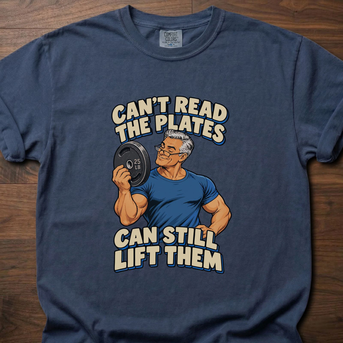 Can't Read The Plates funny gym shirt with bold retro comic-style character graphic – Navy