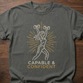 Capable & Confident fitness lifestyle t shirts featuring woman with dumbbells and radiant burst design – Pepper