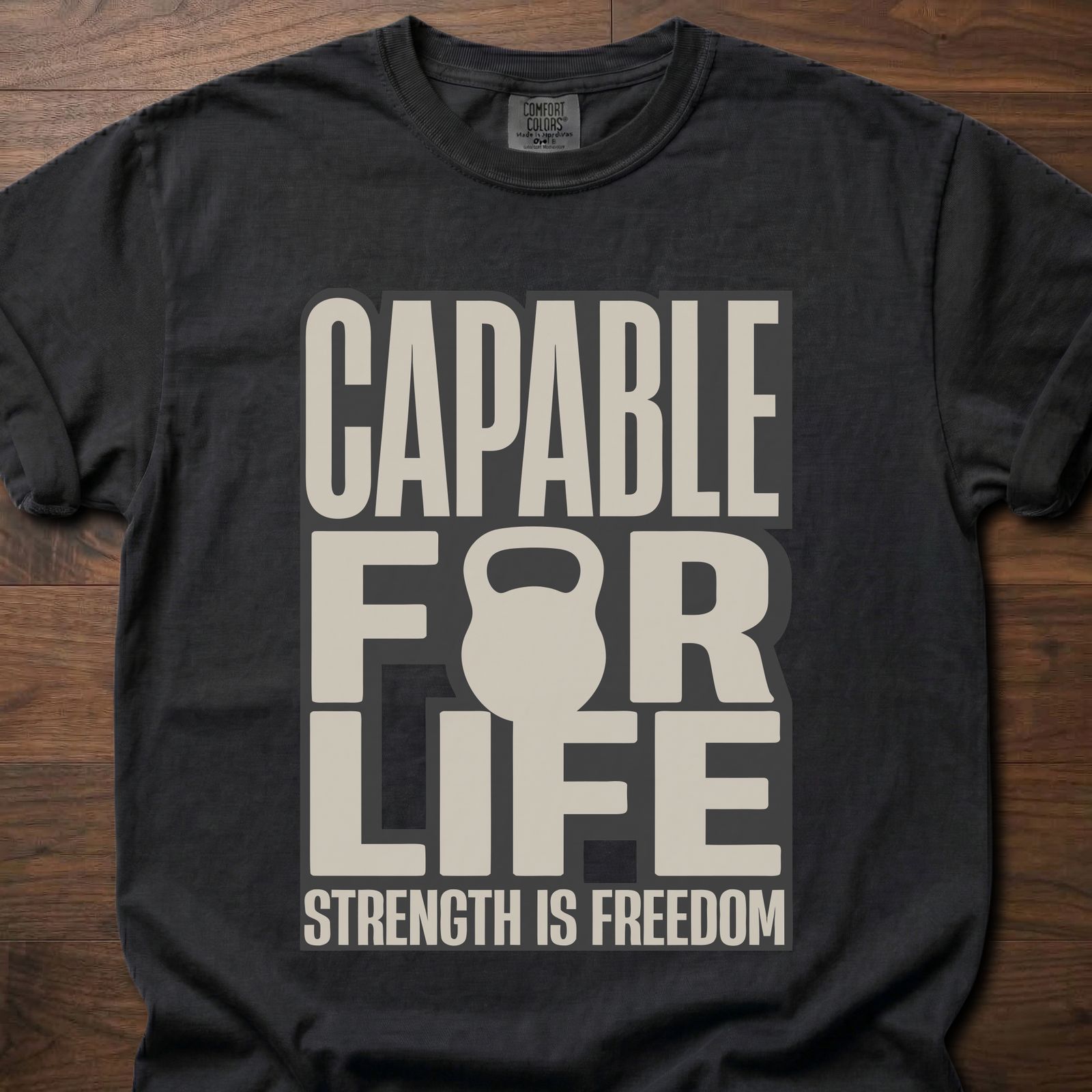 Capable For Life strength training t shirt with kettlebell silhouette and bold typography – Black