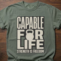 Capable For Life strength training t shirt with kettlebell silhouette and bold typography – Moss