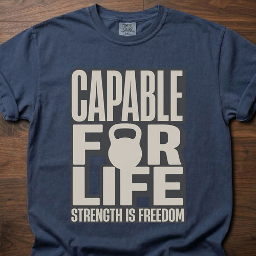 Capable For Life strength training t shirt with kettlebell silhouette and bold typography – Navy