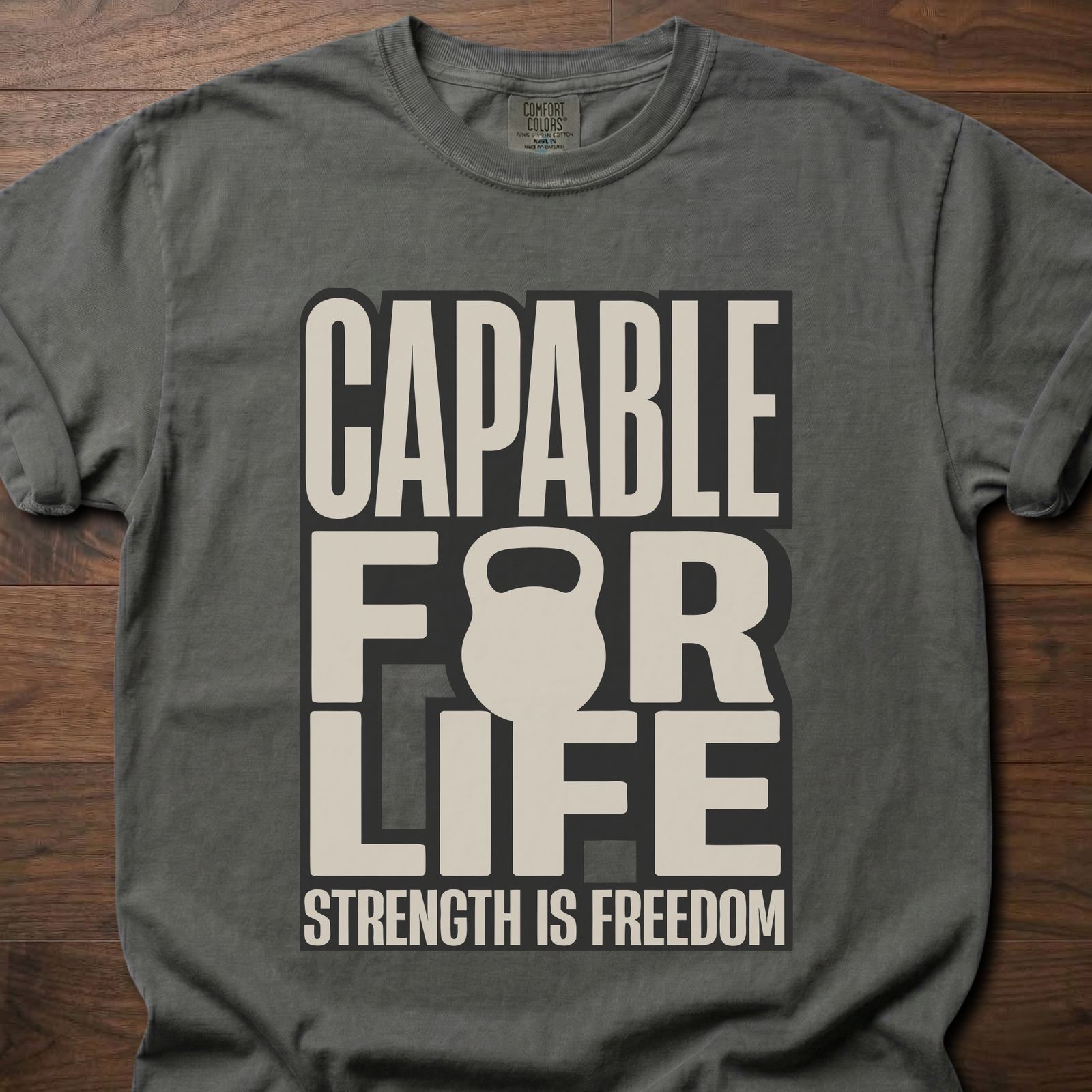 Capable For Life strength training t shirt with kettlebell silhouette and bold typography – Pepper