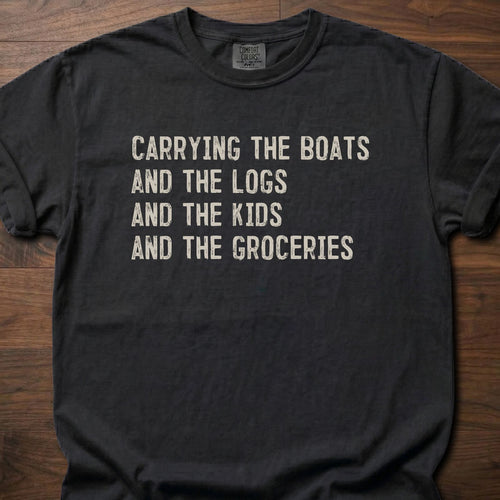 Carrying The Boats strength training t shirt with stacked list of daily carries – Black