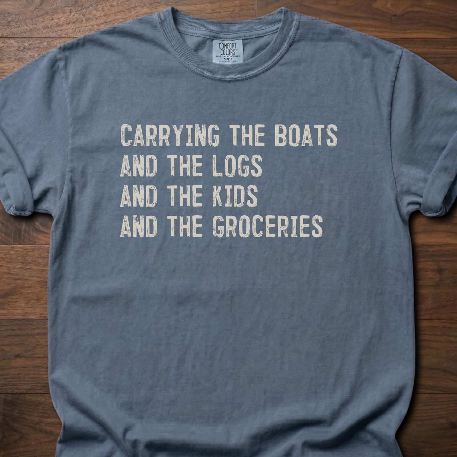 Carrying The Boats strength training t shirt with stacked list of daily carries – Blue Jean