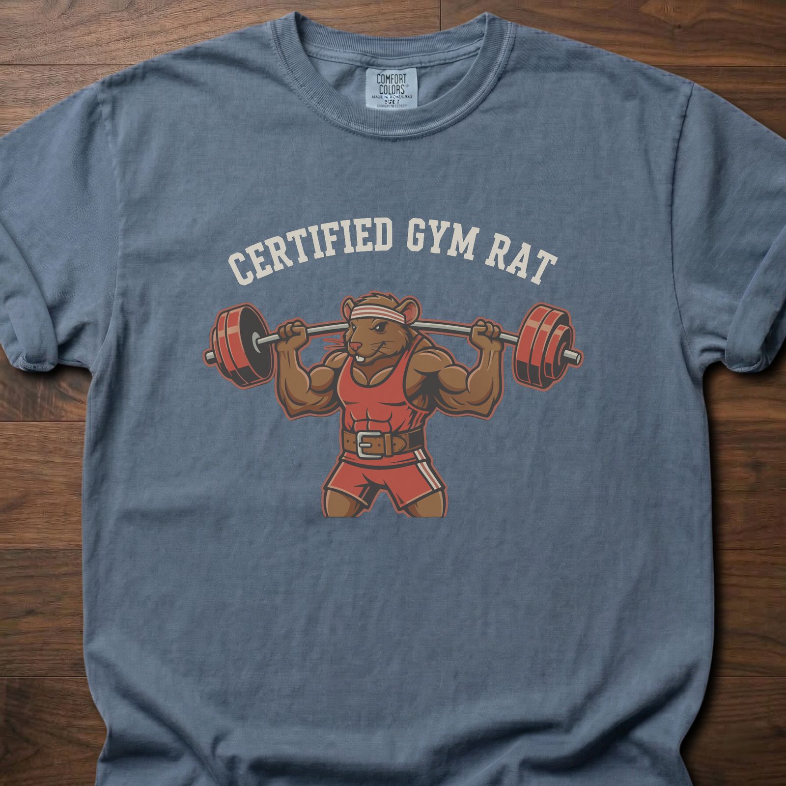 Certified Gym Rat fitness lifestyle t shirts featuring muscular rat lifting barbell design – Blue Jean