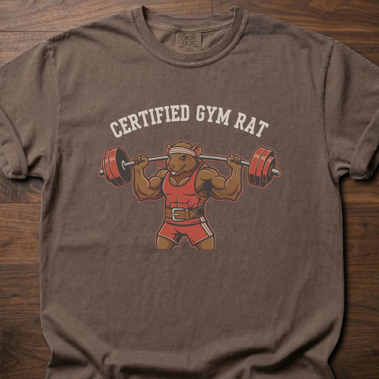 Certified Gym Rat fitness lifestyle t shirts featuring muscular rat lifting barbell design – Espresso