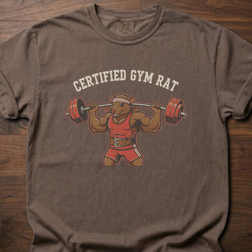 Certified Gym Rat fitness lifestyle t shirts featuring muscular rat lifting barbell design – Espresso