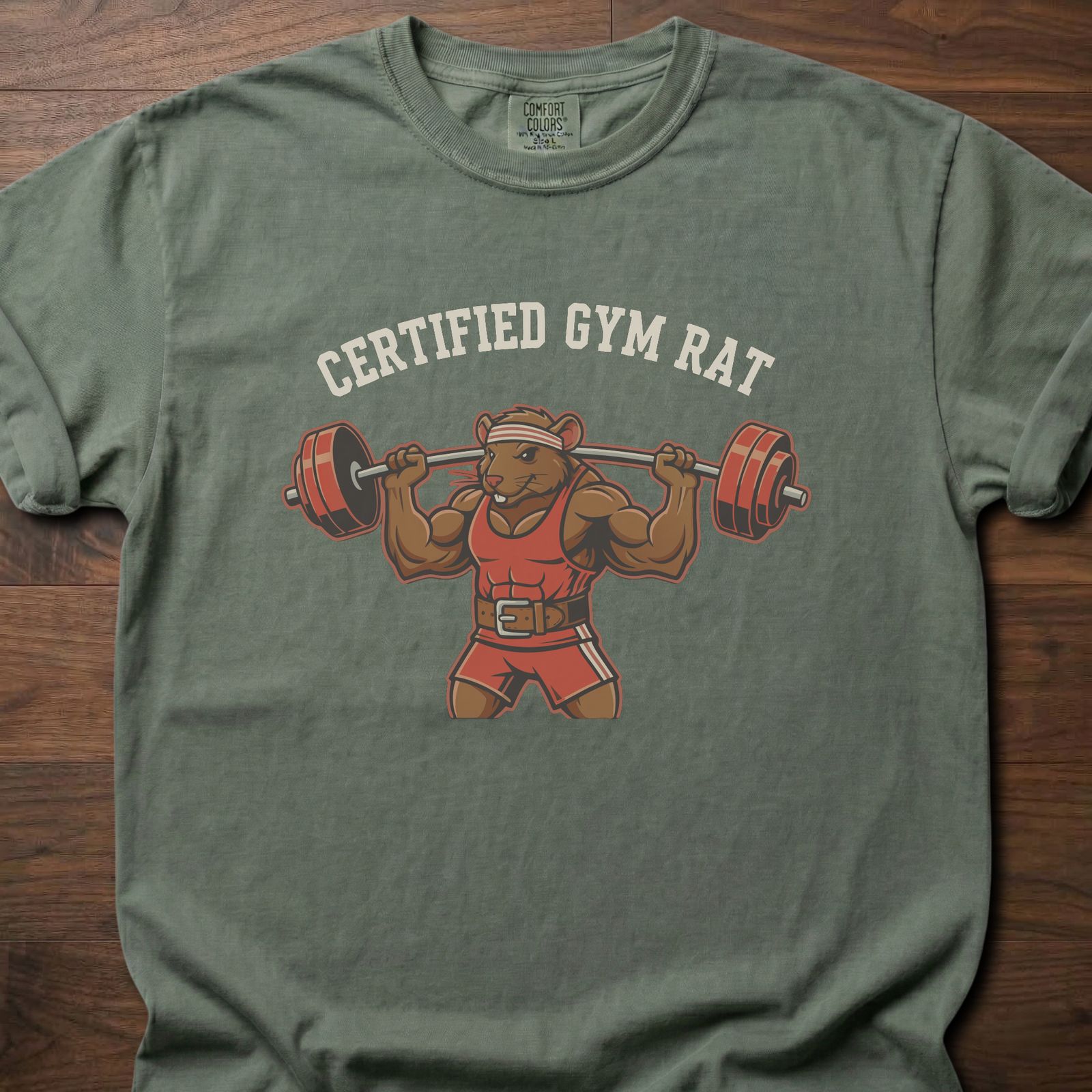 Certified Gym Rat fitness lifestyle t shirts featuring muscular rat lifting barbell design – Moss