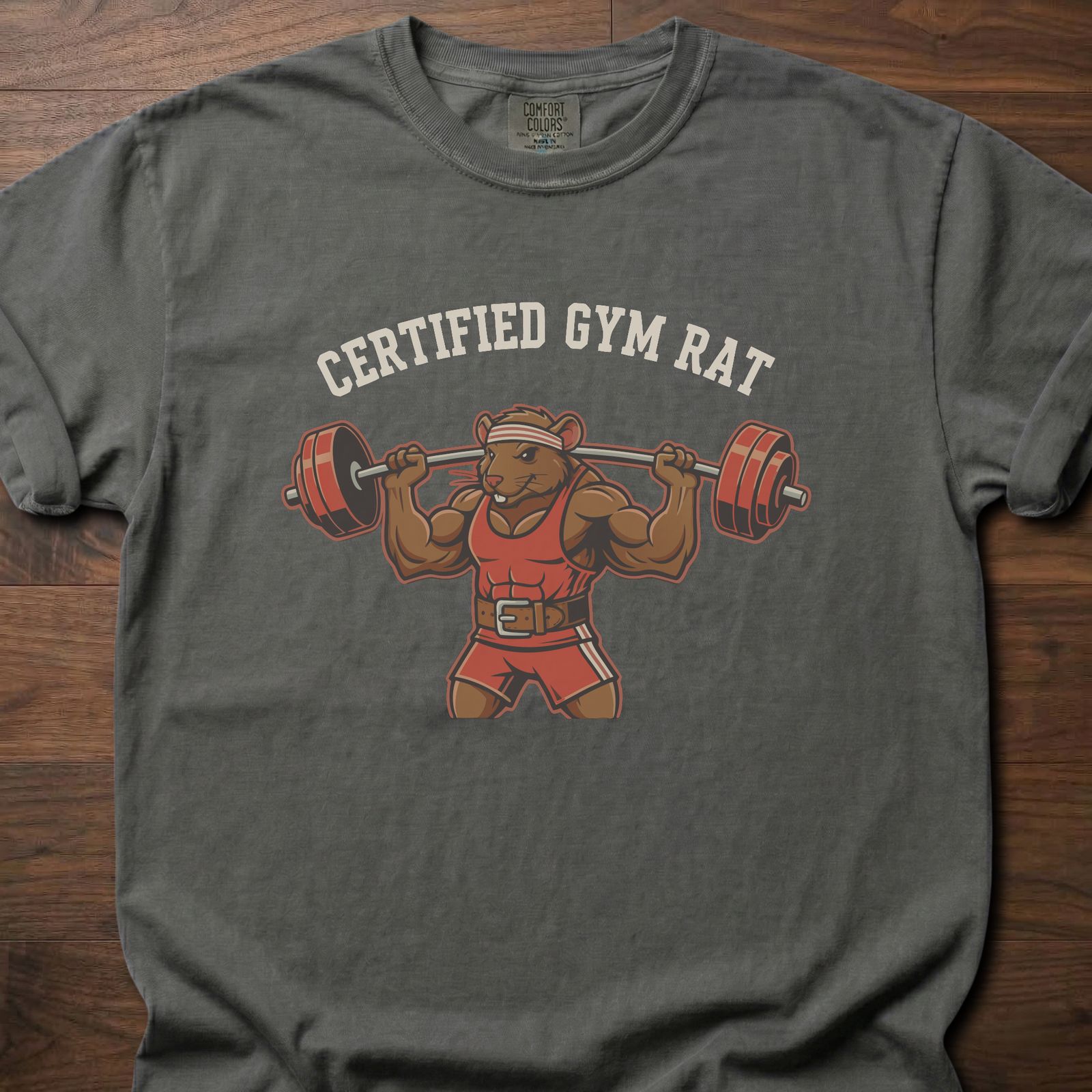 Certified Gym Rat fitness lifestyle t shirts featuring muscular rat lifting barbell design – Pepper