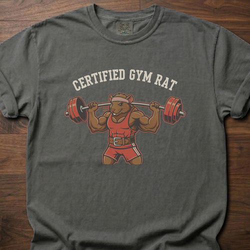 Certified Gym Rat fitness lifestyle t shirts featuring muscular rat lifting barbell design – Pepper