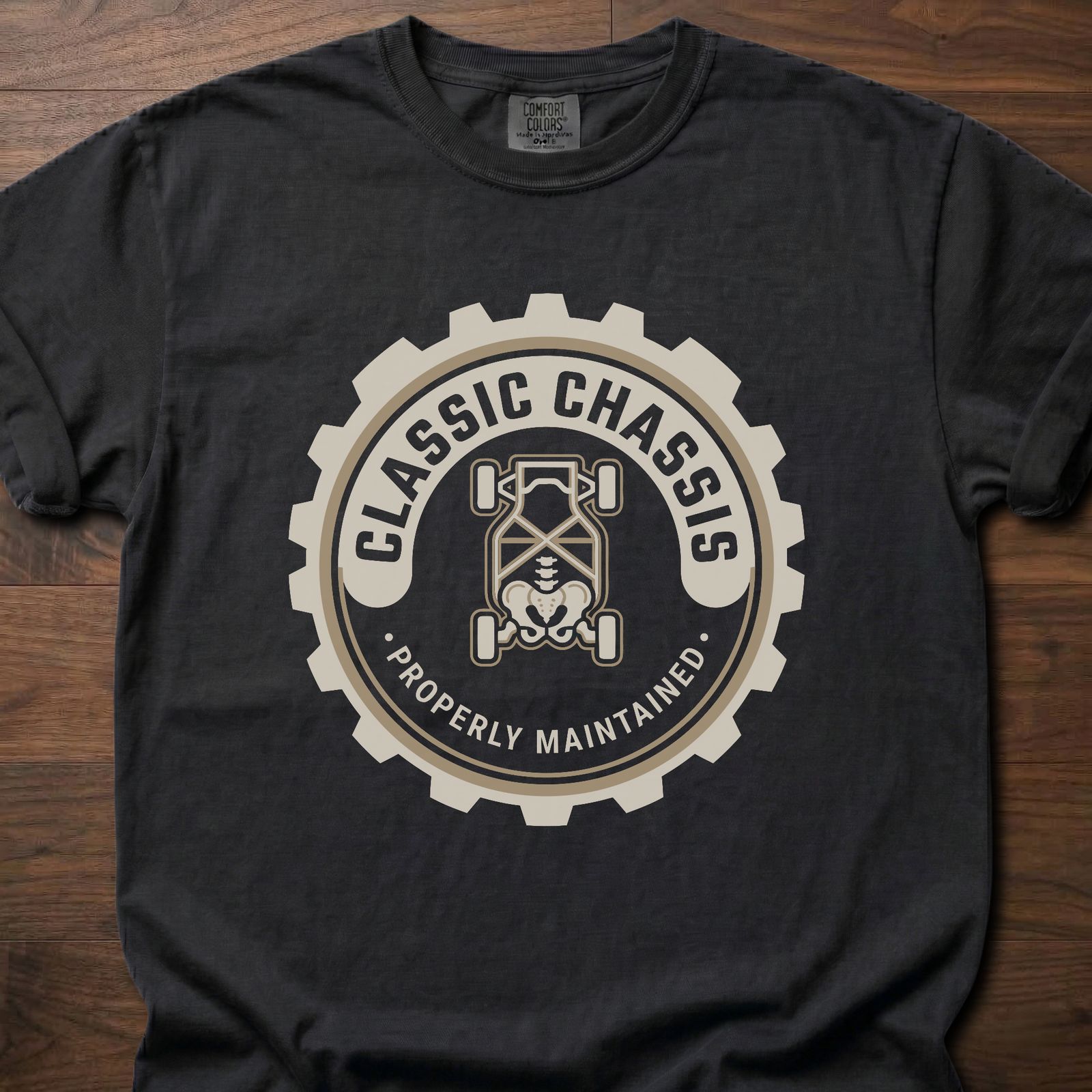 Classic Chassis strength training t-shirt featuring gear logo with properly maintained tagline – Black