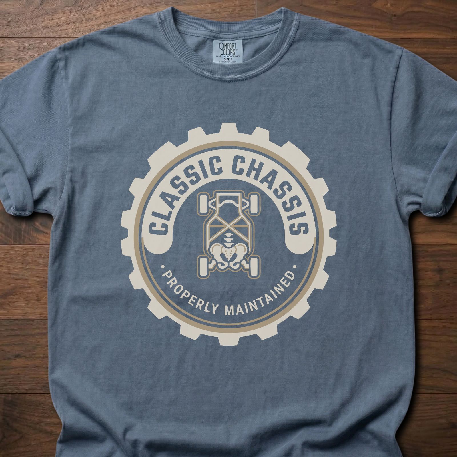 Classic Chassis strength training t-shirt featuring gear logo with properly maintained tagline – Blue Jean