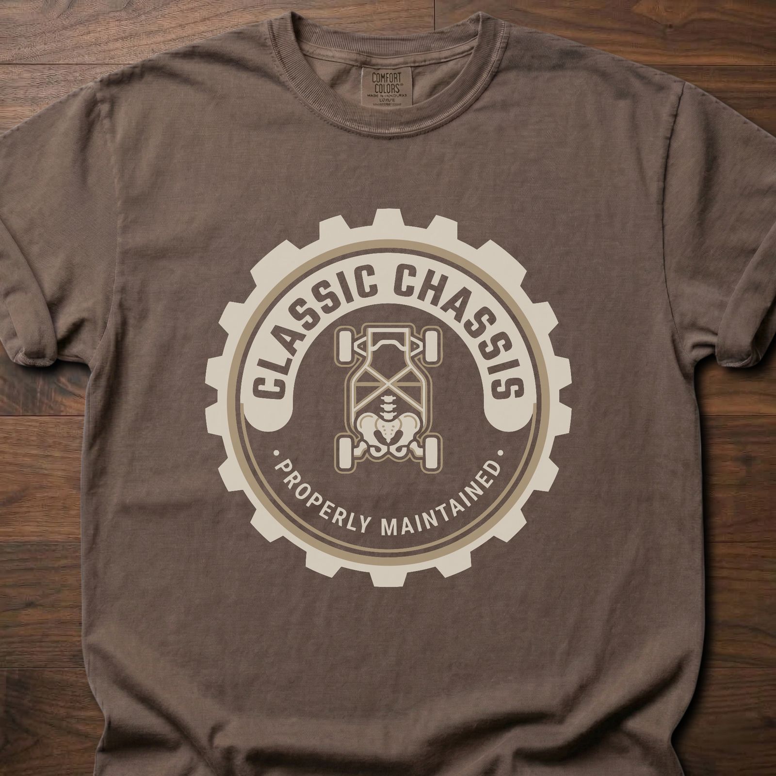 Classic Chassis strength training t-shirt featuring gear logo with properly maintained tagline – Espresso