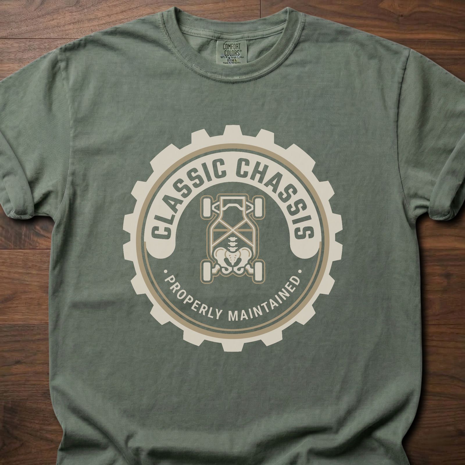 Classic Chassis strength training t-shirt featuring gear logo with properly maintained tagline – Moss