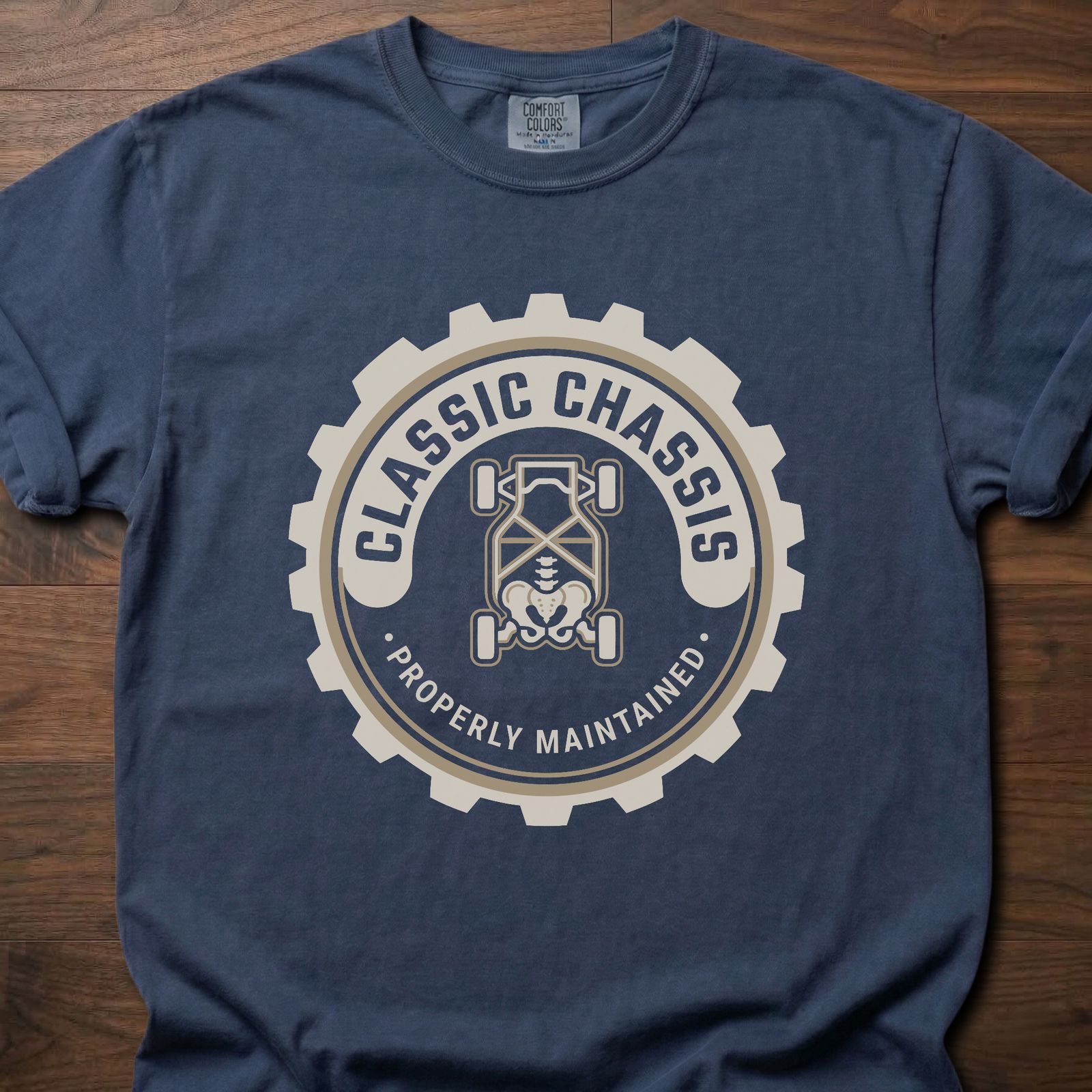 Classic Chassis strength training t-shirt featuring gear logo with properly maintained tagline – Navy
