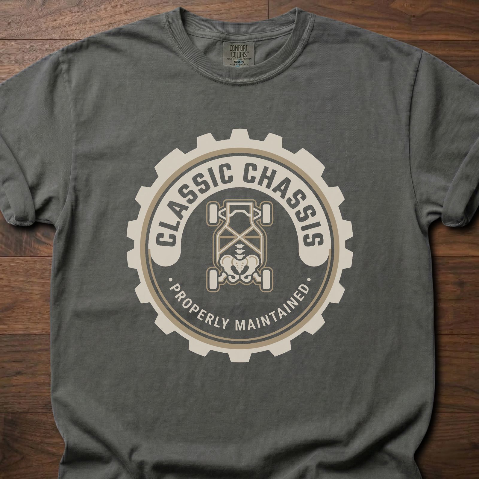 Classic Chassis strength training t-shirt featuring gear logo with properly maintained tagline – Pepper