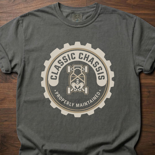 Classic Chassis strength training t-shirt featuring gear logo with properly maintained tagline – Pepper