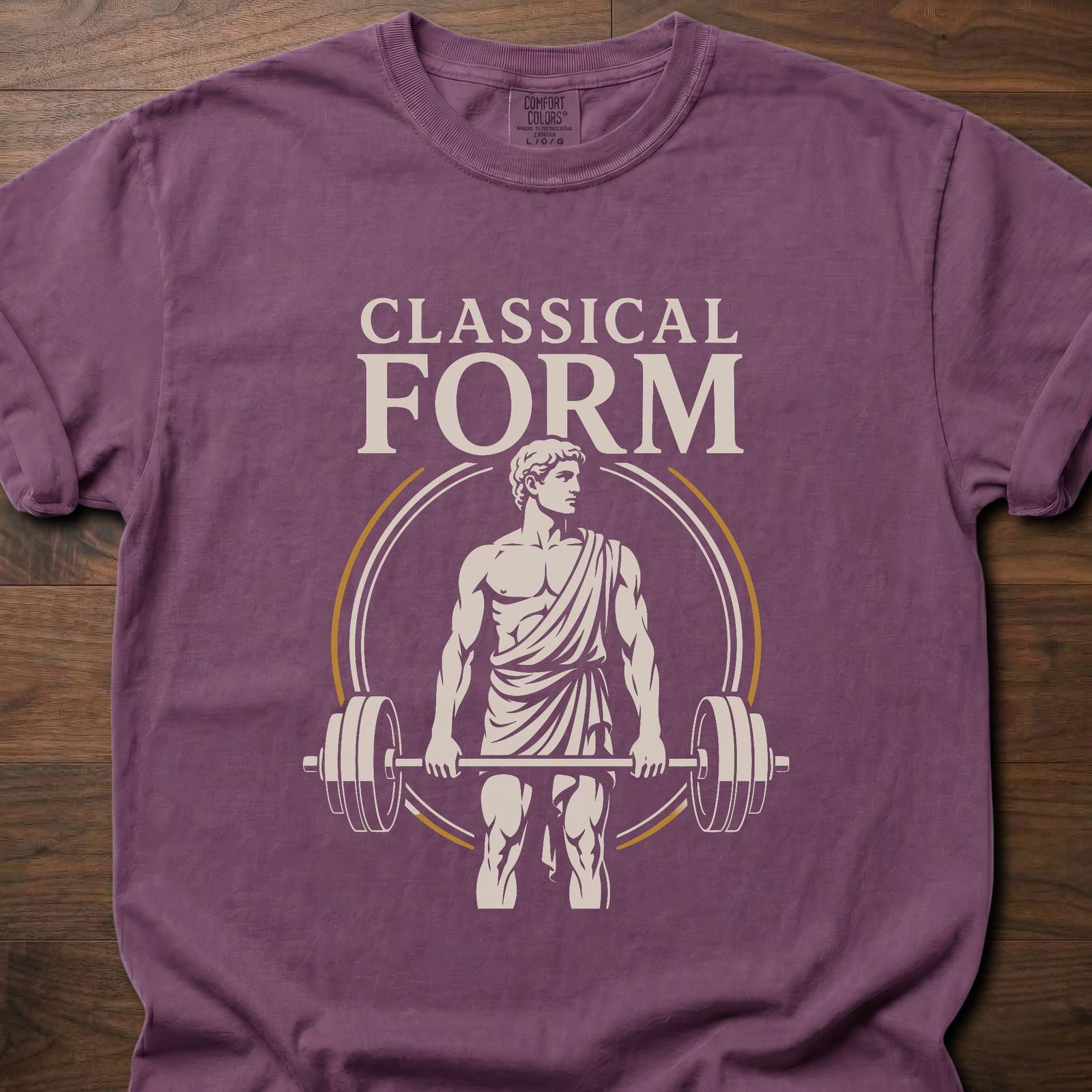 Classical Form fitness lifestyle t shirt with Greek statue deadlifting a loaded barbell – Berry