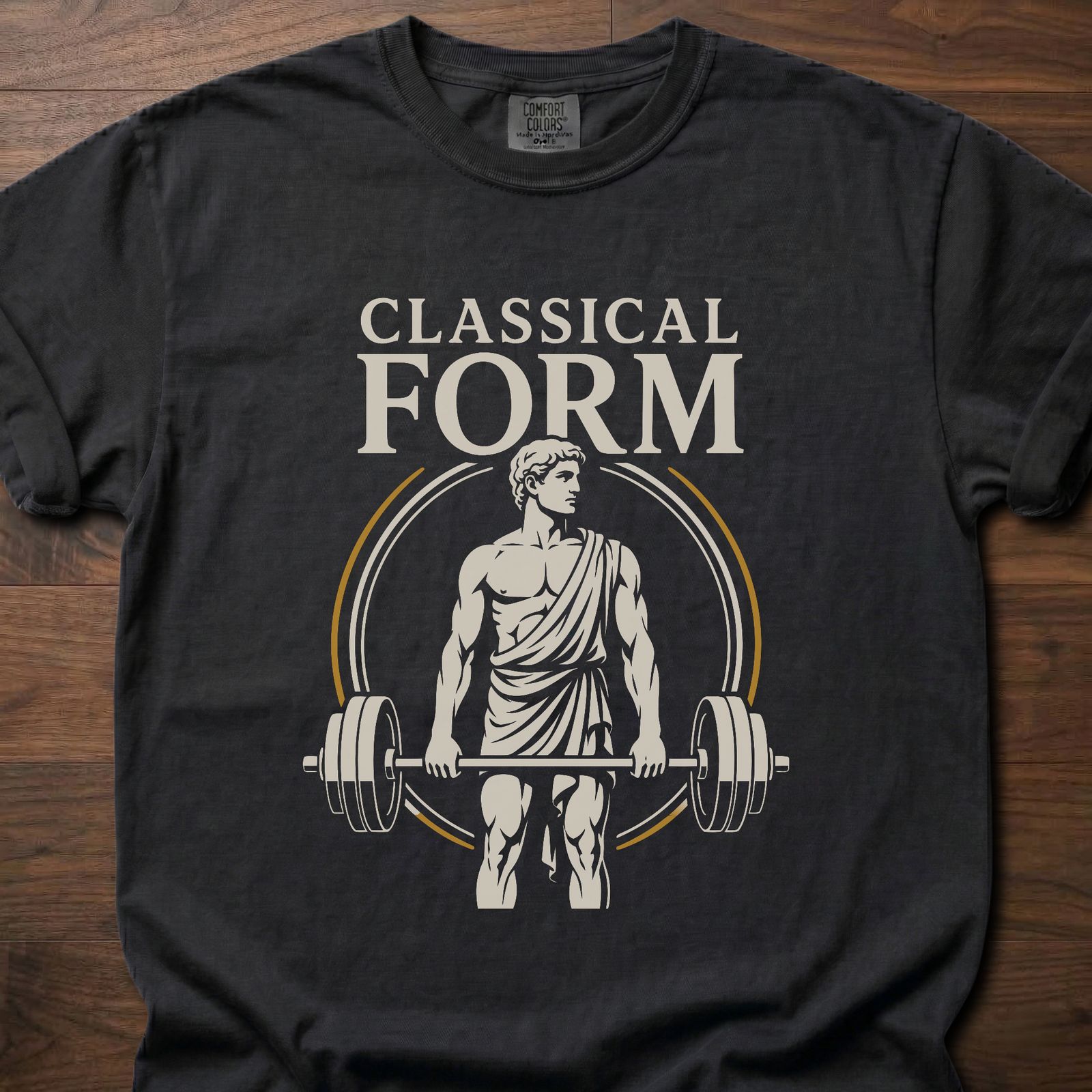 Classical Form fitness lifestyle t shirt with Greek statue deadlifting a loaded barbell – Black