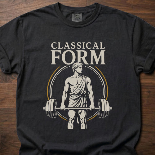 Classical Form fitness lifestyle t shirt with Greek statue deadlifting a loaded barbell – Black