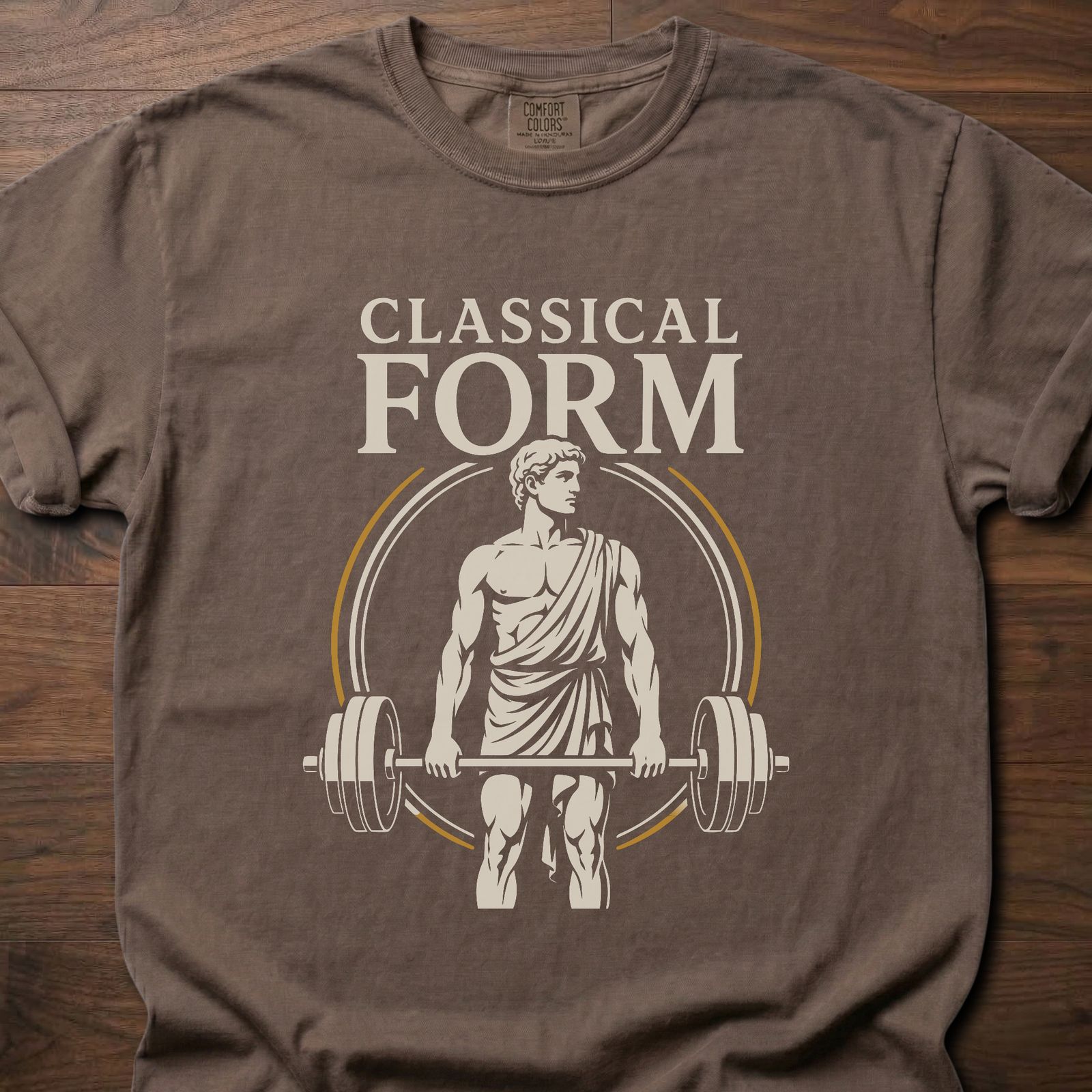 Classical Form fitness lifestyle t shirt with Greek statue deadlifting a loaded barbell – Espresso