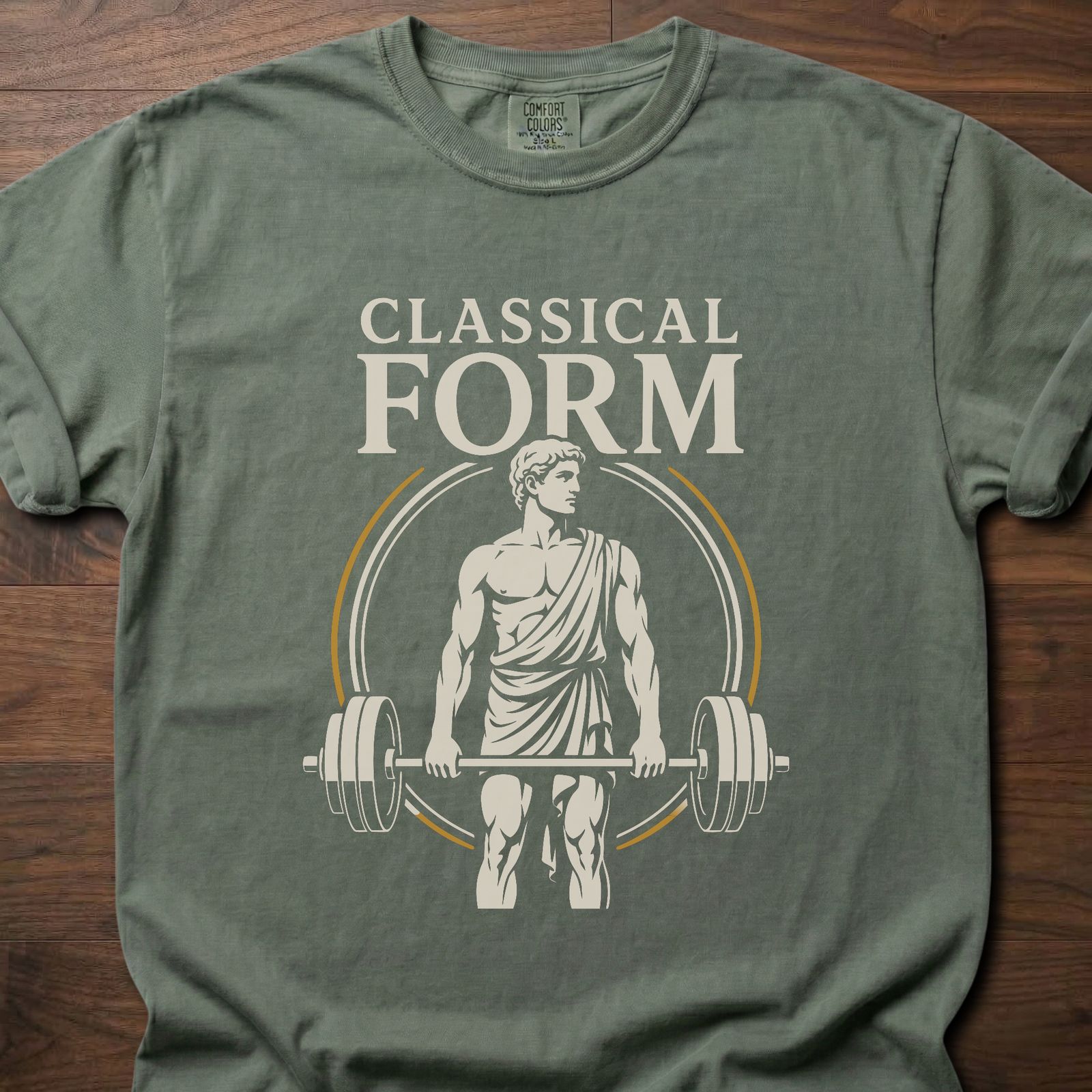 Classical Form fitness lifestyle t shirt with Greek statue deadlifting a loaded barbell – Moss