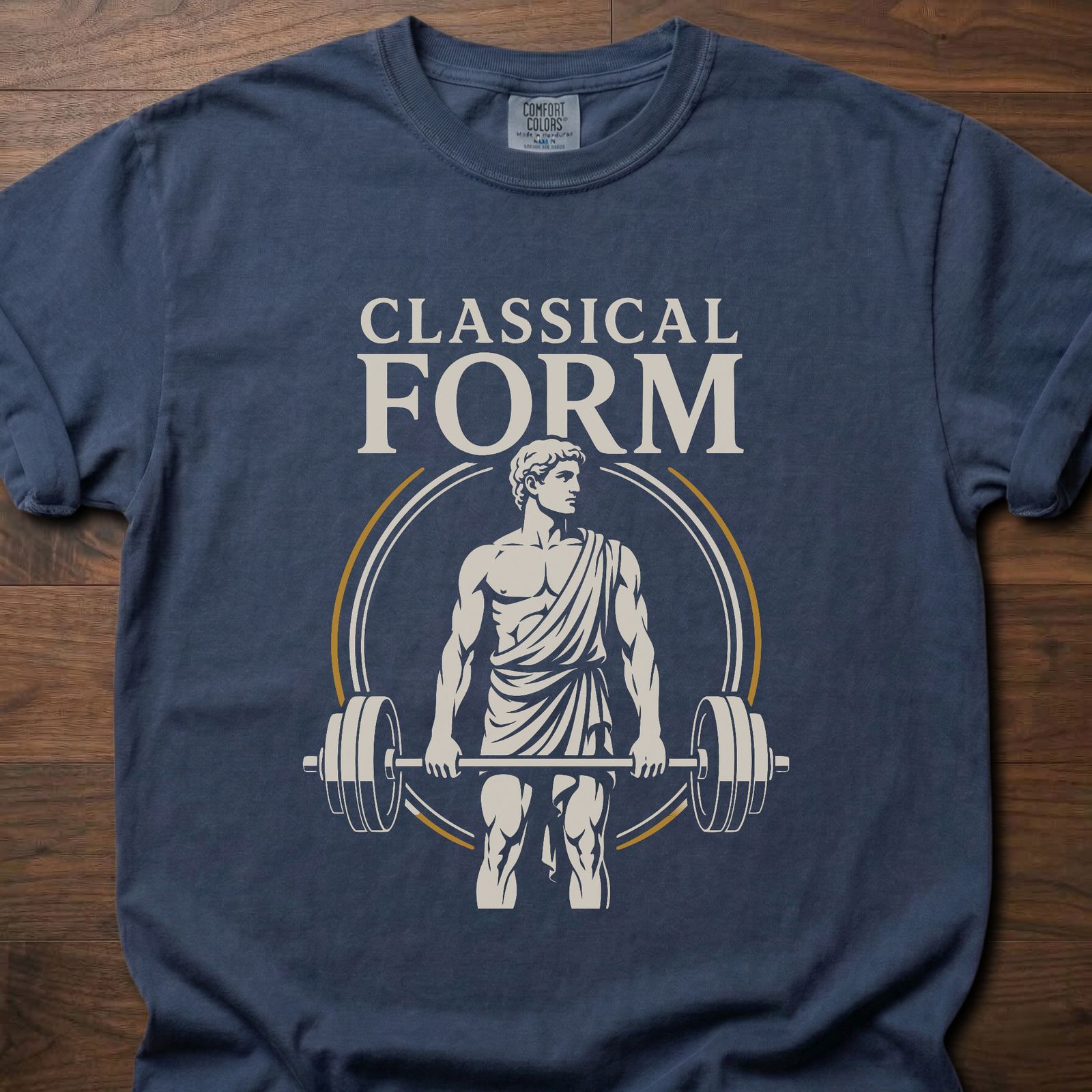 Classical Form fitness lifestyle t shirt with Greek statue deadlifting a loaded barbell – Navy