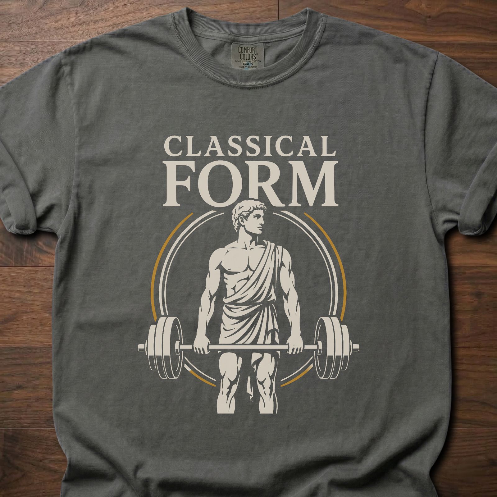 Classical Form fitness lifestyle t shirt with Greek statue deadlifting a loaded barbell – Pepper