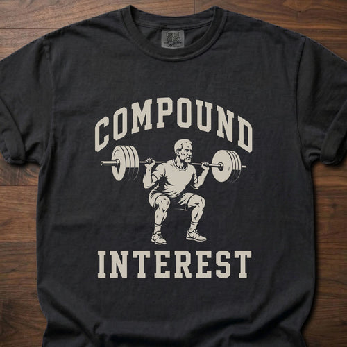 Compound Interest strength training t-shirt with weightlifter performing squat graphic – Black